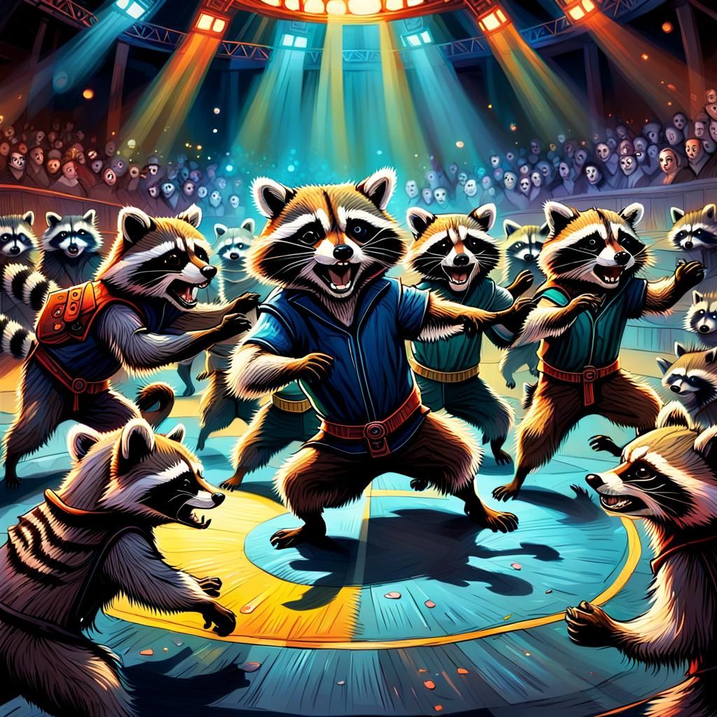 funny raccoons compete in the ring. Cartoon drawing. 4k