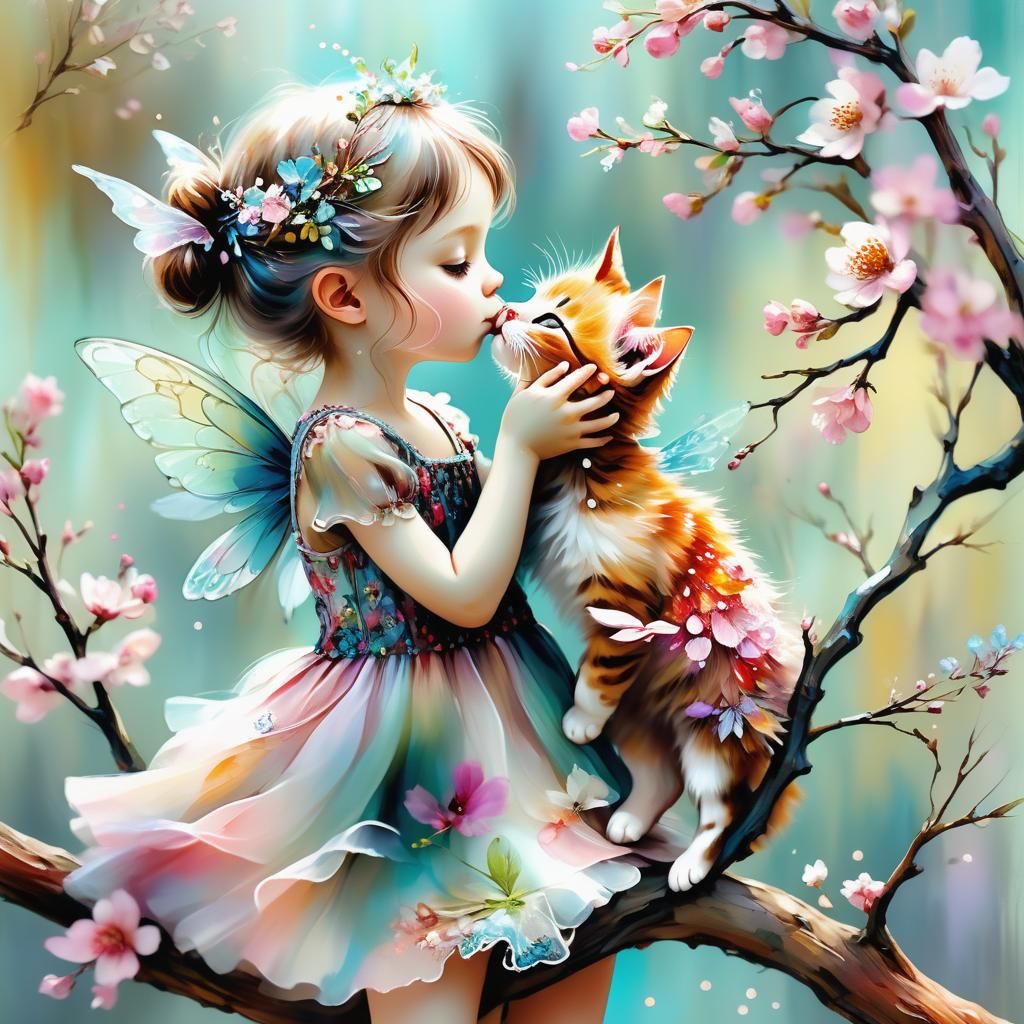 Fairy Kisses Kitten: Folk Art Springtime Scene