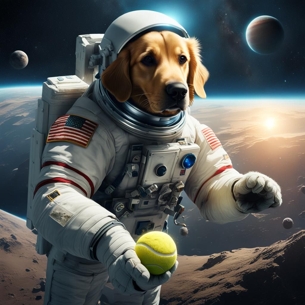 photorealistic astronaut golden retriever eating a planet li...