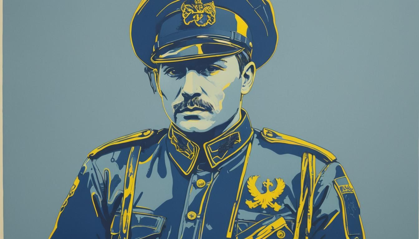 A silkscreen print of a Ukrainian soldier made by Andy Warho...