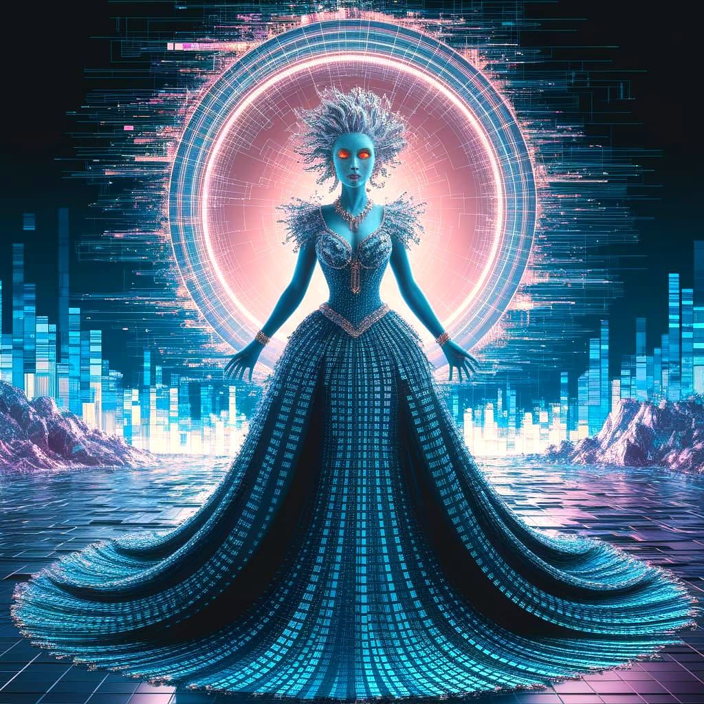 A digital enchantress with a flowing gown of binary code stands before a shimmering portal, their eyes radiating an otherworldly glow. The b...