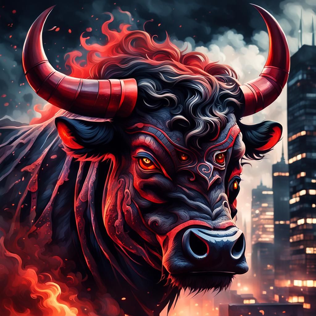 Red toro head . Smoke. Over city . Hornes