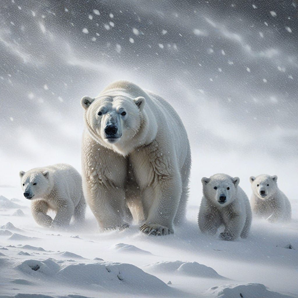 On the Edge of a Vast, Snow-Covered Tundra, a Family of Polar Bears Brave through the Thick, Swirling Snow of a Fierce Winter Storm  by @RC