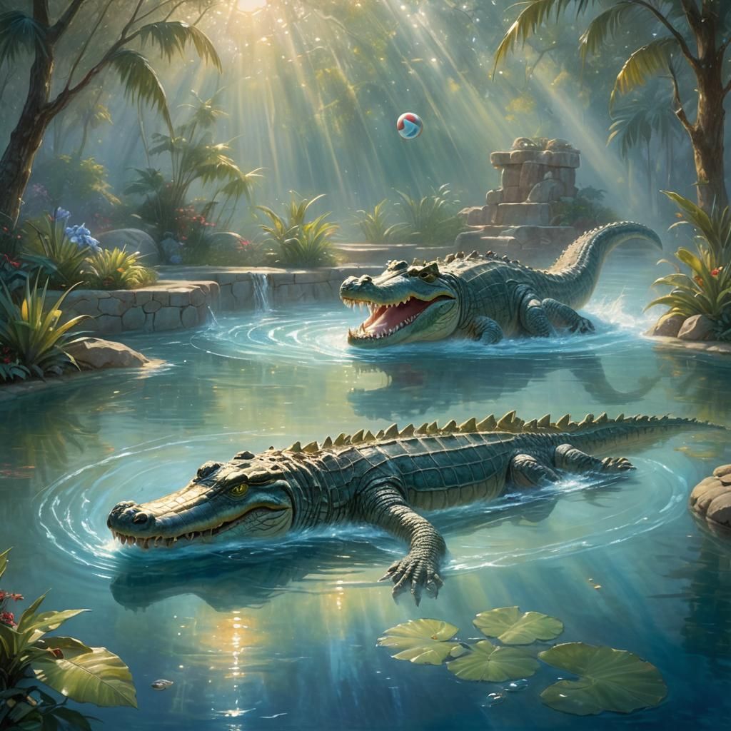 Crocodile Plays Volleyball in Ethereal Pool