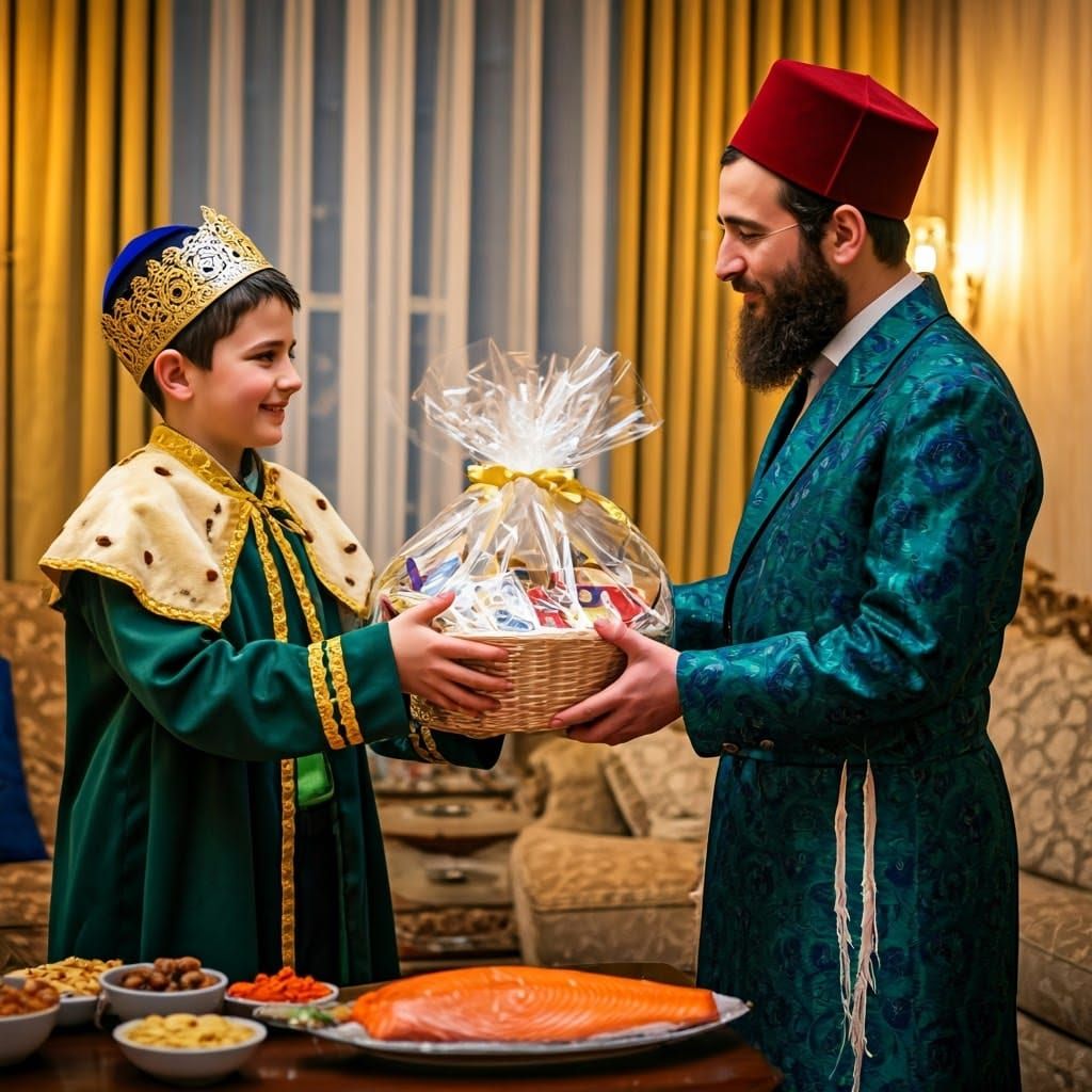 Young Ultra-Orthodox Boy Presents Gift to Haredi Man in Lavi...