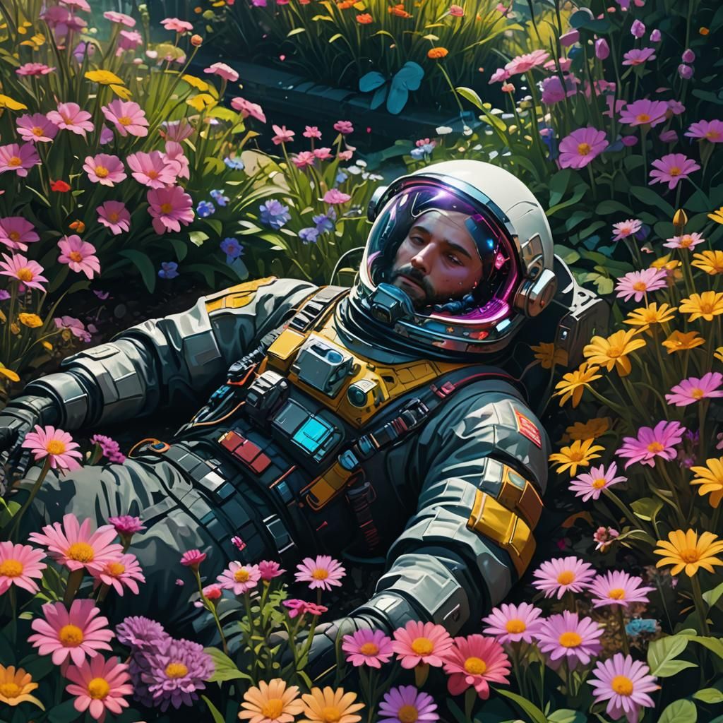 An astronaut lying in a garden of flowers. The universe is r...