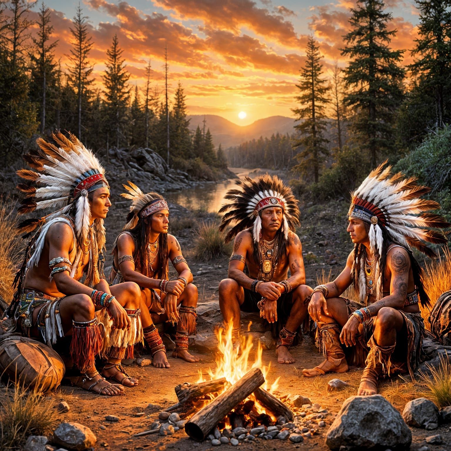 <lora:MOSAIC BEAUTY:1.0> Indian chief and warriors sitting a...