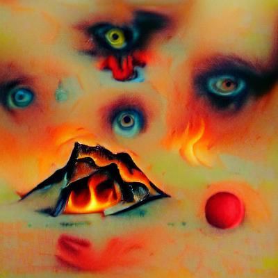 pinball in hell lava mountain dark Face eyes surrealism