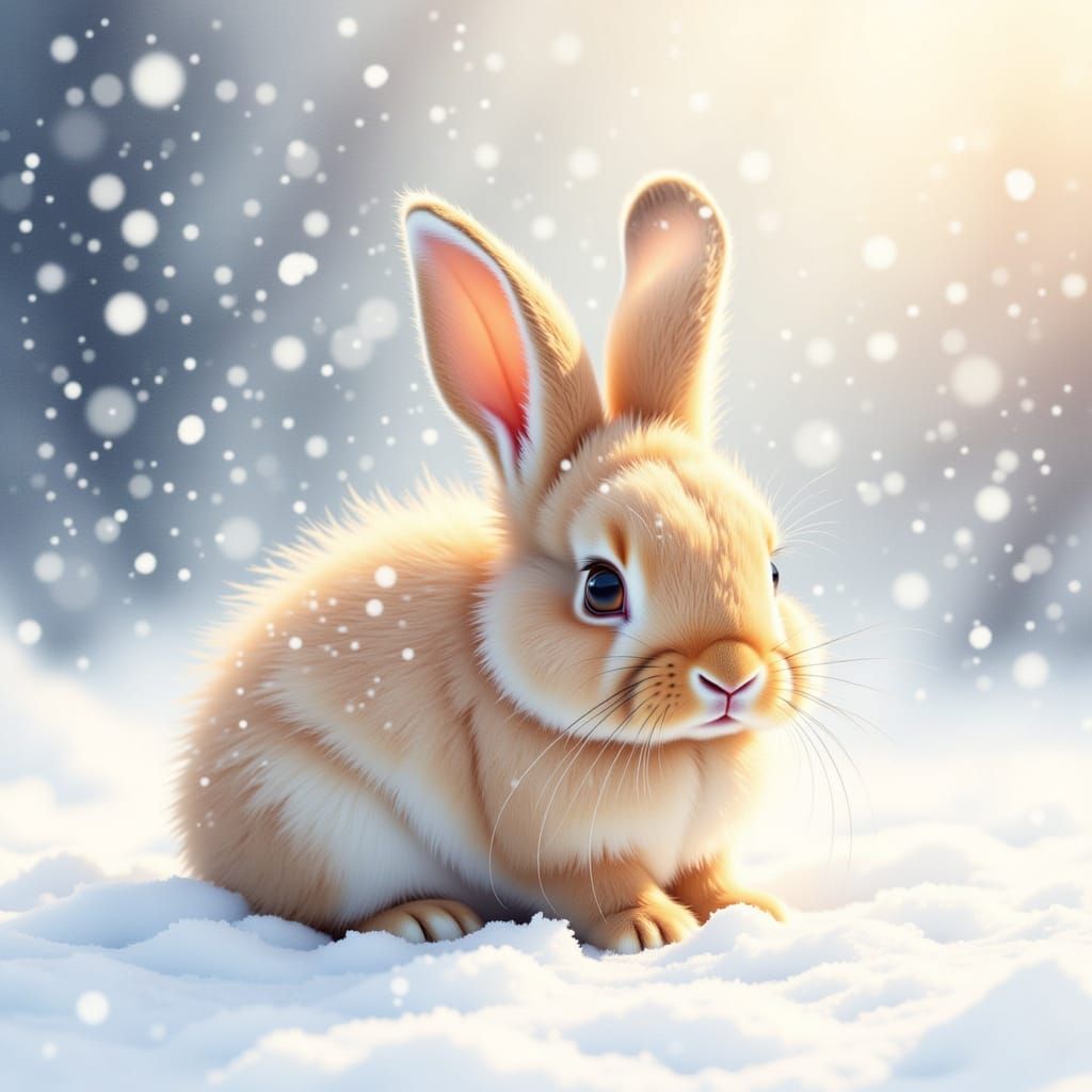 <lora:Cute Rabbits:1.0> ethereal watercolor. Medium shot. A cute baby rabbit with long fur cuddles in the snow. Many snow sprays fly in the...