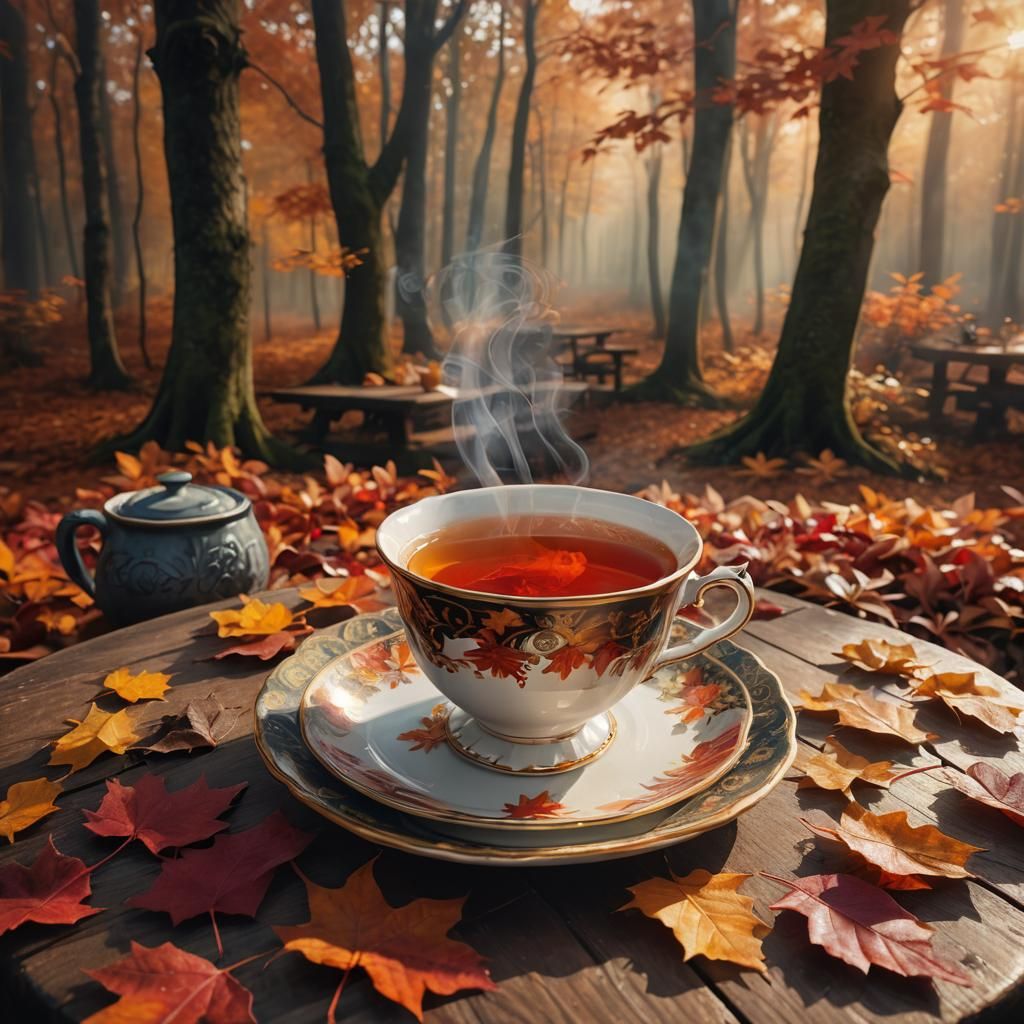 Autumn Tea in Forest: Hyper-Realistic Digital Painting