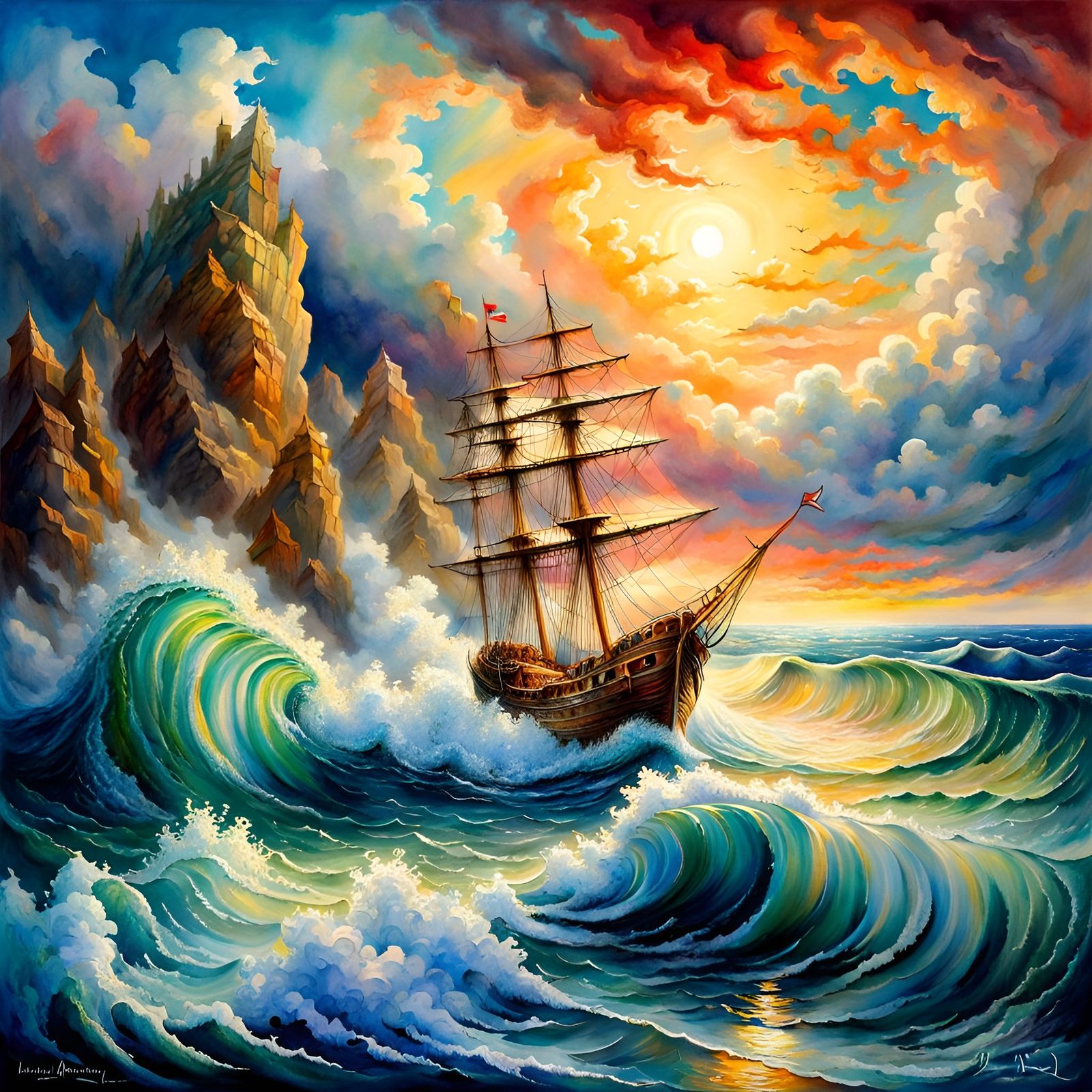 A Small Sailing Ship in a Raging Sea  by @Jane77755