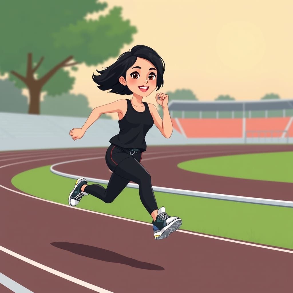 Thai Woman Running on Track in Cartoon Style