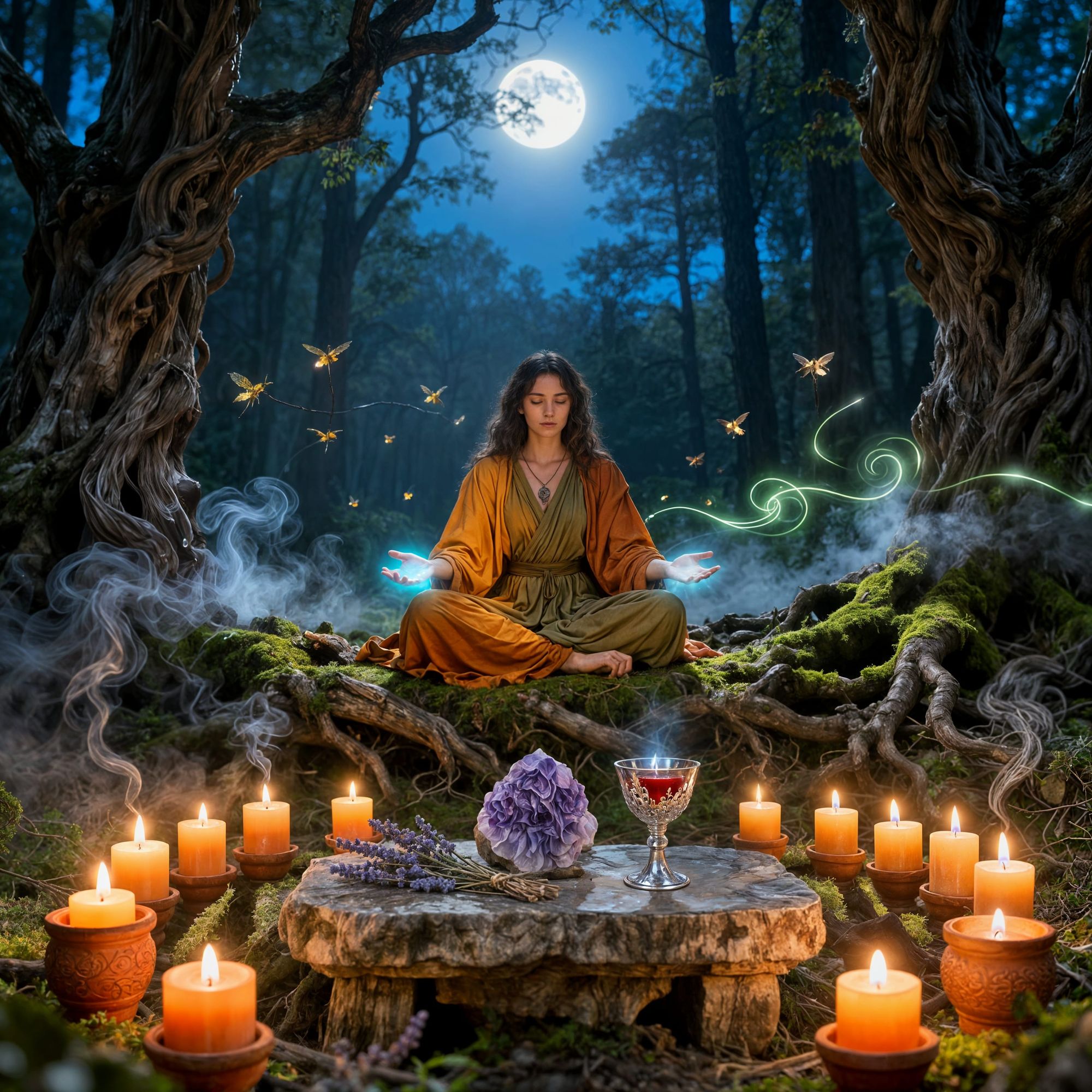 A serene yet powerful scene of a Wiccan sitting in a moonlit forest, performing a spell surrounded by softly glowing candles. The figure—dra...