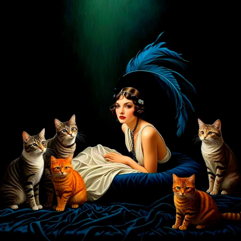 Flapper Girls with Feline and Avian Friends in Vibrant Color...