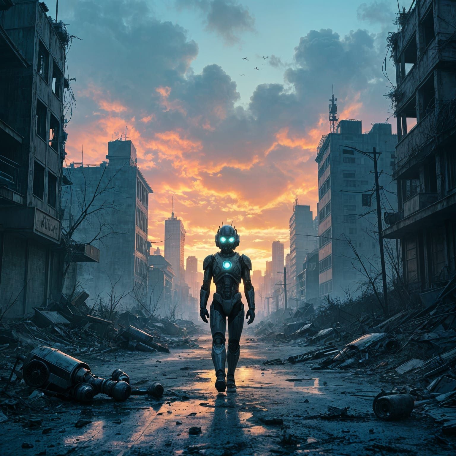 A lone figure, an android with expressive, luminescent eyes, walks through a vast, shattered cityscape under a polluted, multi-hued sky. Sca...