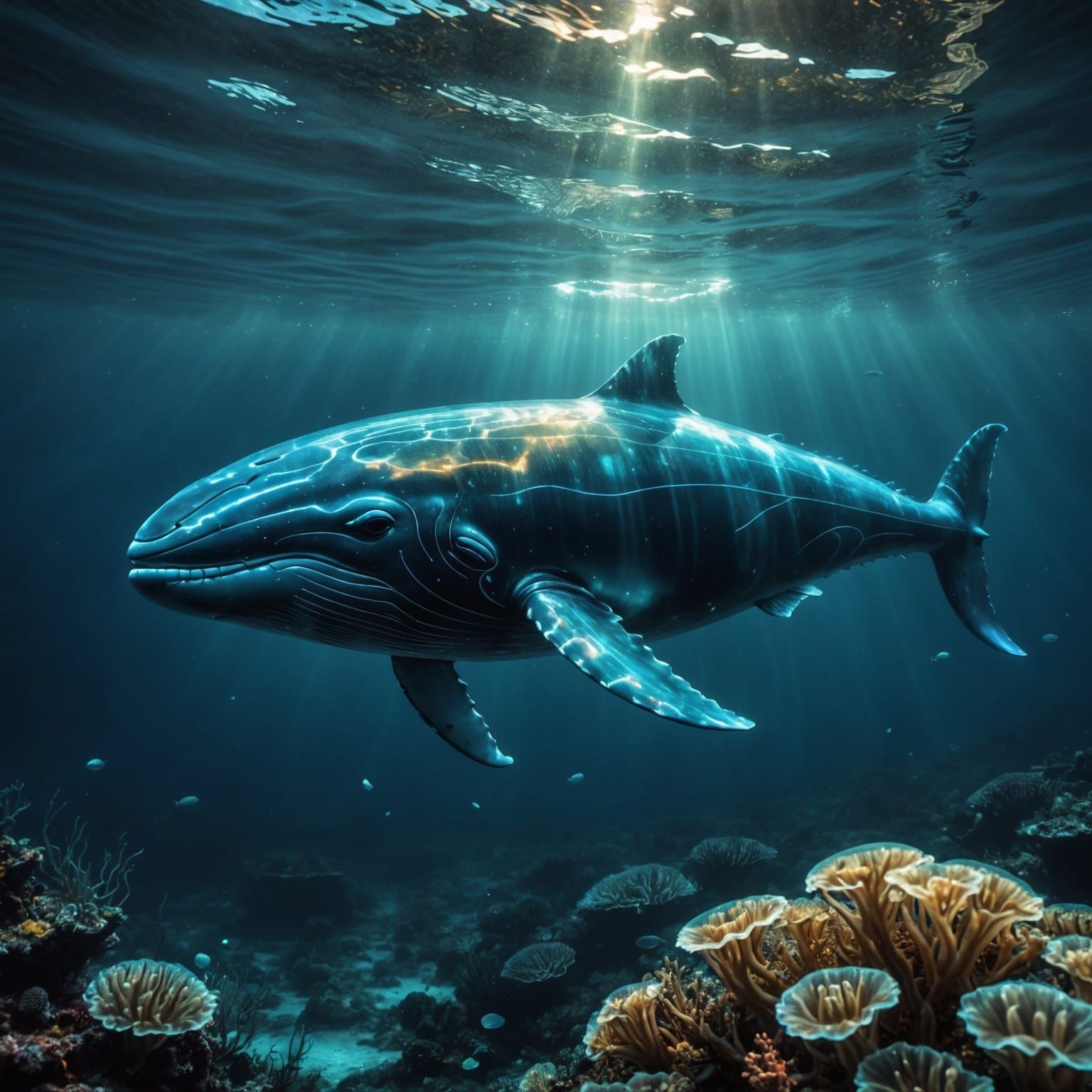 Glowing Glass Whale in Ocean Depths