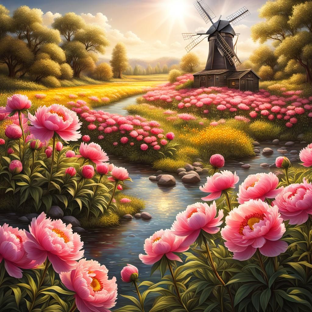 Field full of epically brightly colored peonies in salmon & ...