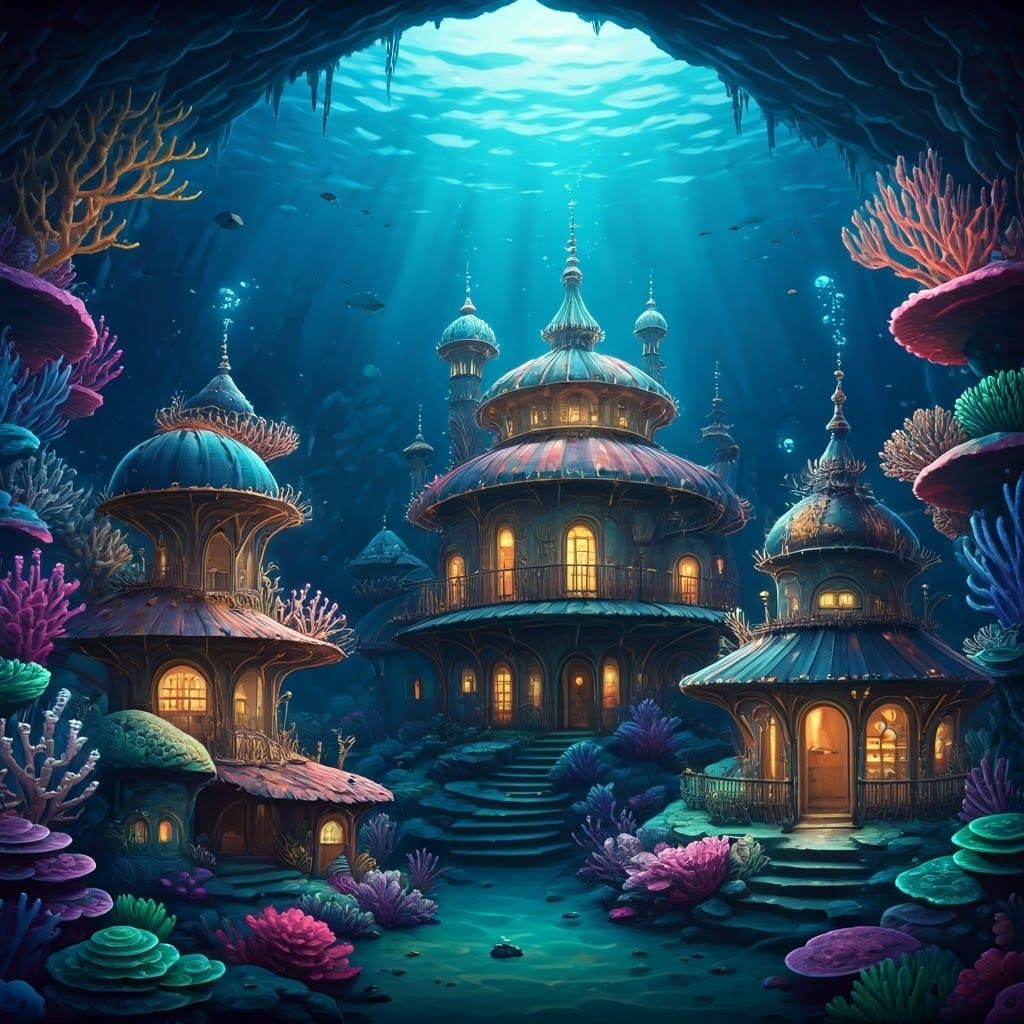 A glowing underwater neighborhood built into coral reefs or sea caves.  by @Ethan Ikediashi