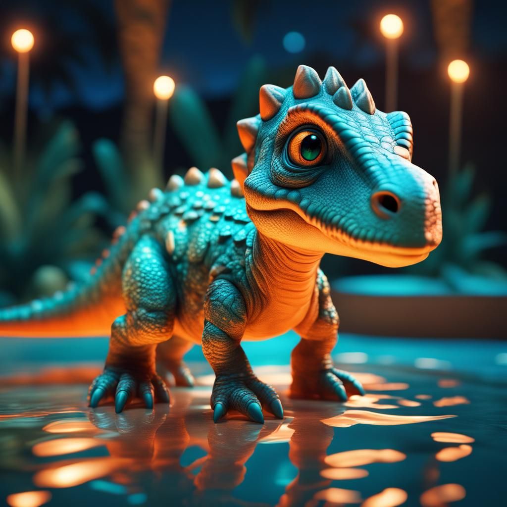 Amazing intricate baby dinosaur, stepping out of a pool at night, 8k ...