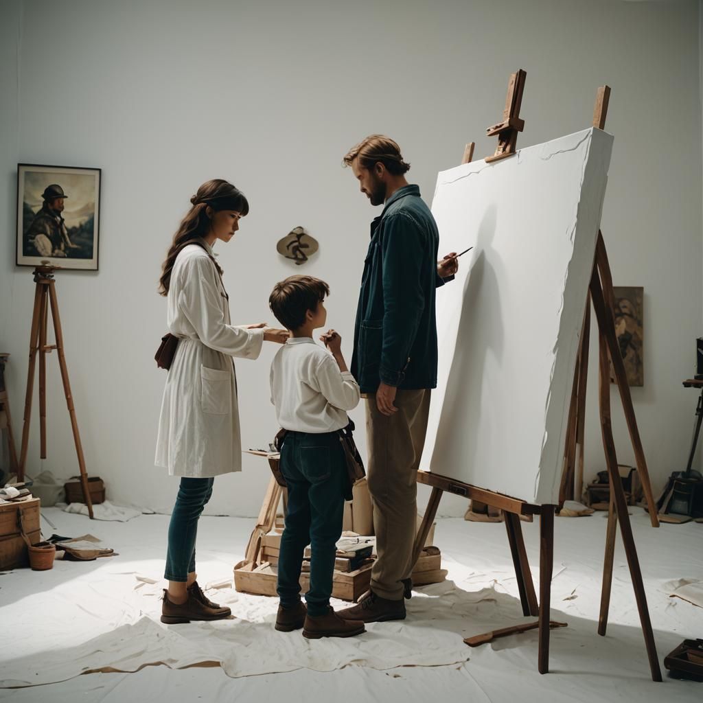 Artist making art on a white canvas as couple pose to him in...