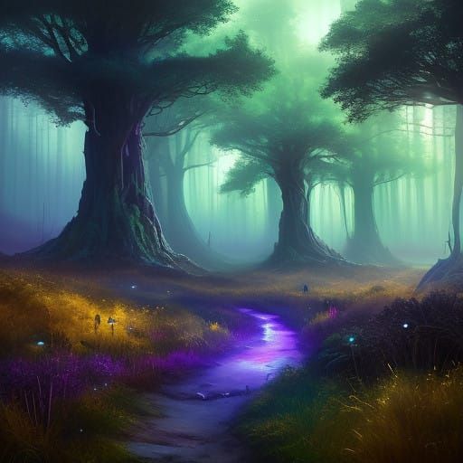 Ancient Mystic Forest at Dusk in Vibrant Cyberpunk Hues