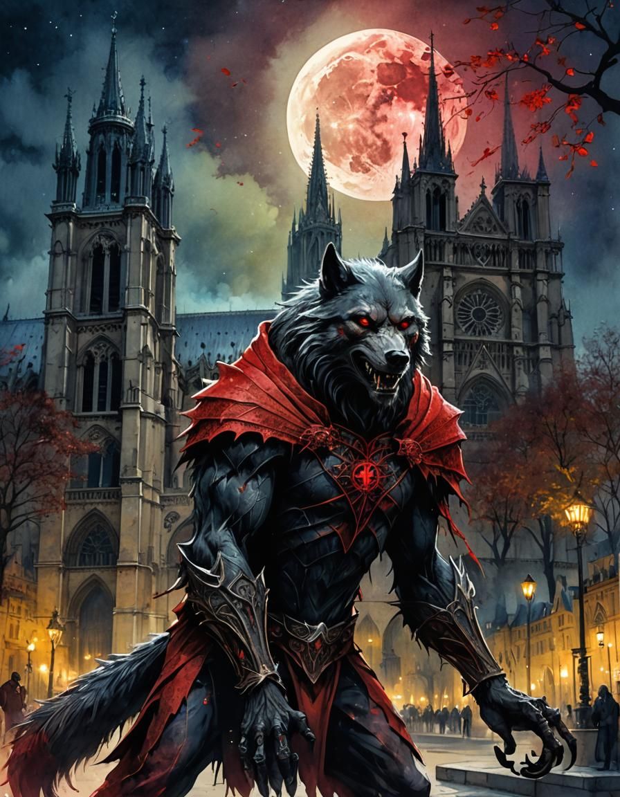 Werewolf spotted in front of Notre Dame de Paris.  full red ...