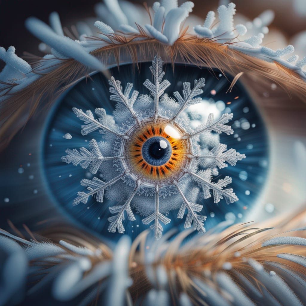 realism SNOWFLAKE in Eye pupil, macro photography, breathtaking hyper-detailed maximalist composition ...  by @FPLynn