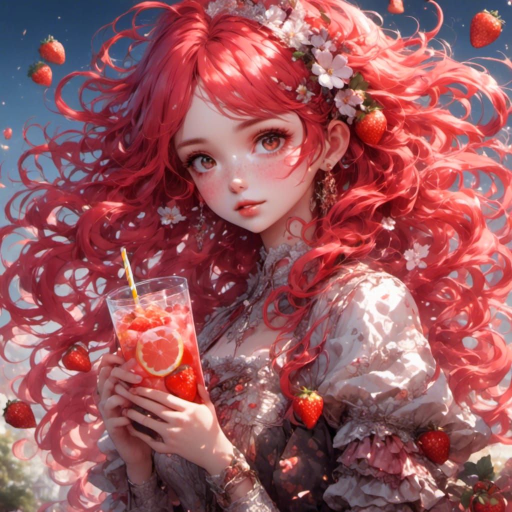 Anime Girl Sipping Strawberry Lemonade