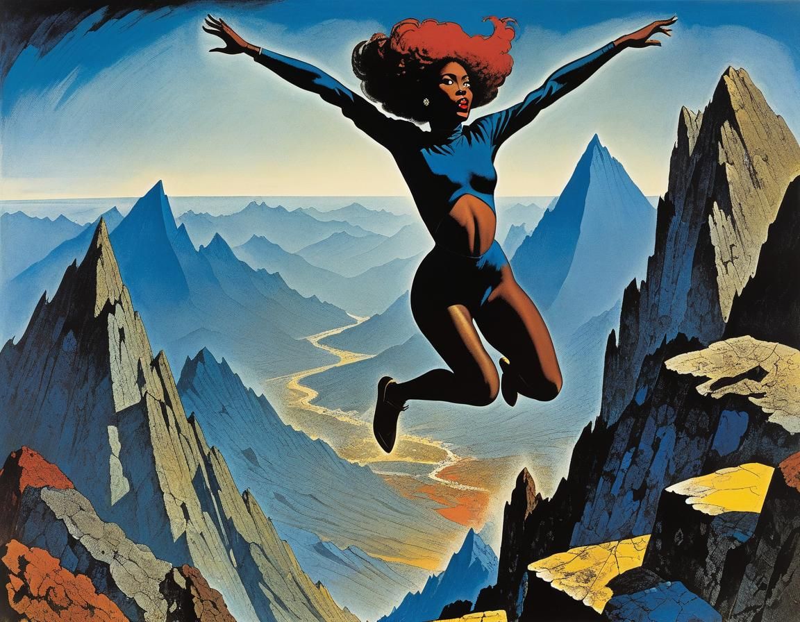 Woman's Mountain Leap: Surreal 80s Illustration