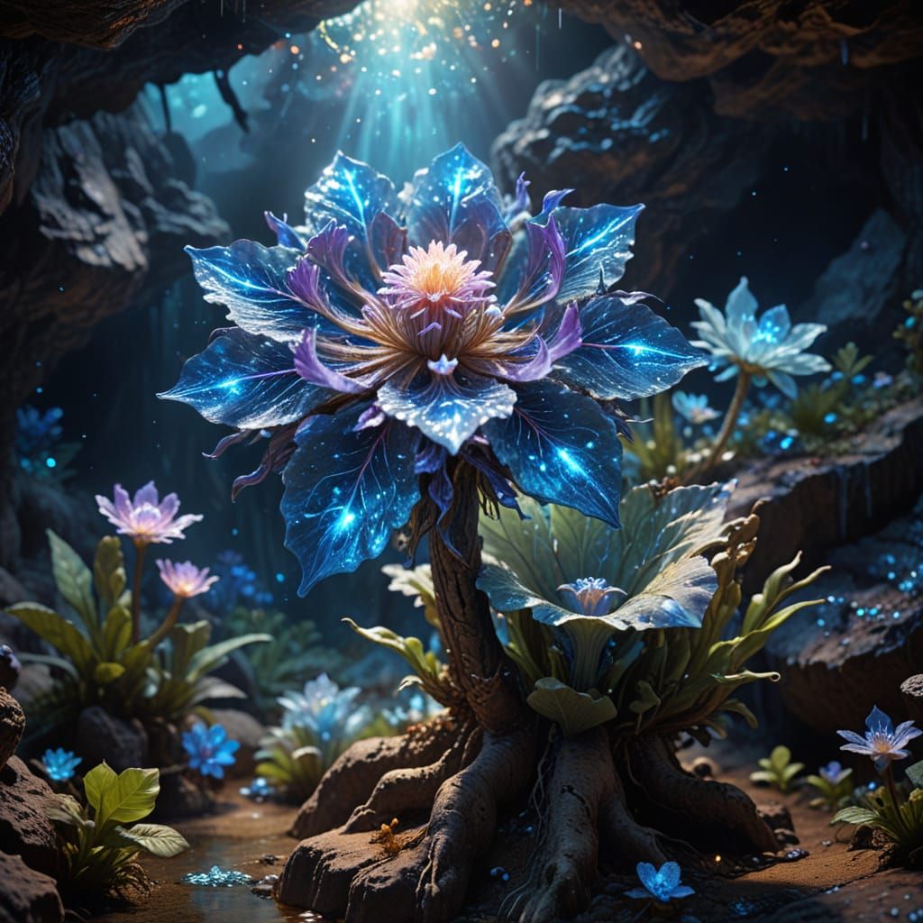  A single, rare  and vibrant crystal mandrake flower with glowing blue quartz petals growing and shimmering in a small pond, ethereal lighti...
