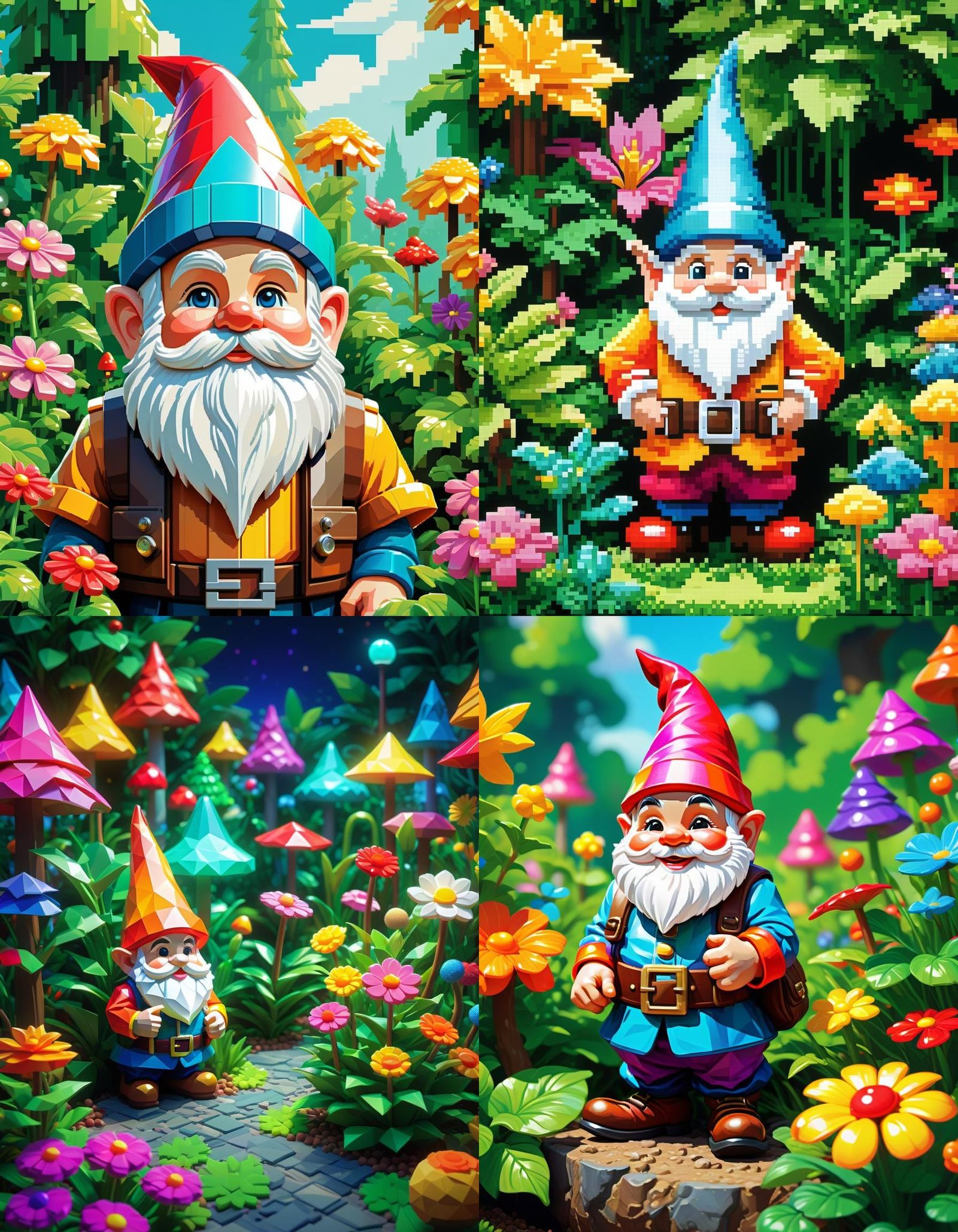 A whimsically animated garden gnome, its pixelated form exudes a vibrant charm even as its digital nature hints at an ar...