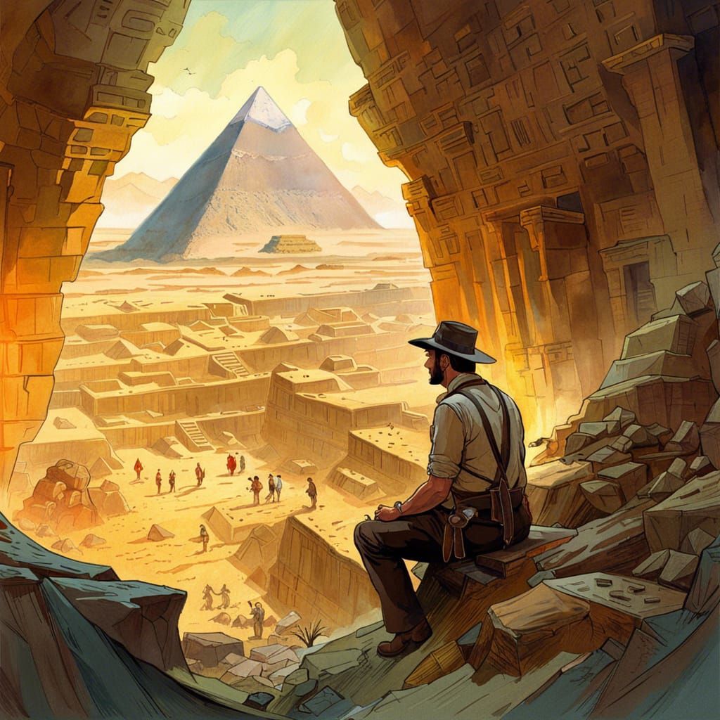 Archeologist sitting looking down at dig site near the pyramids.  by @Fruitnut
