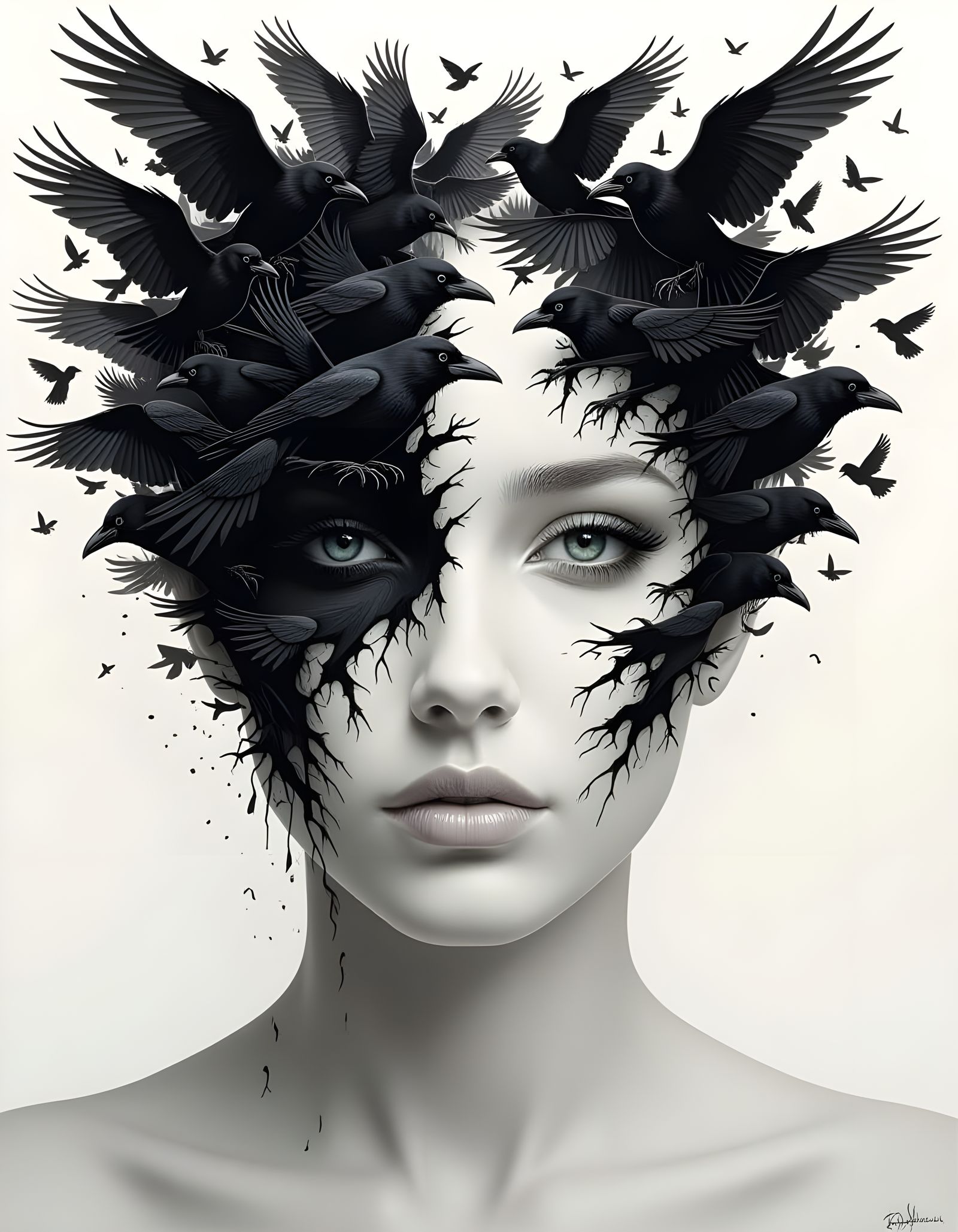 Face Dissolving into Swarm of Crows