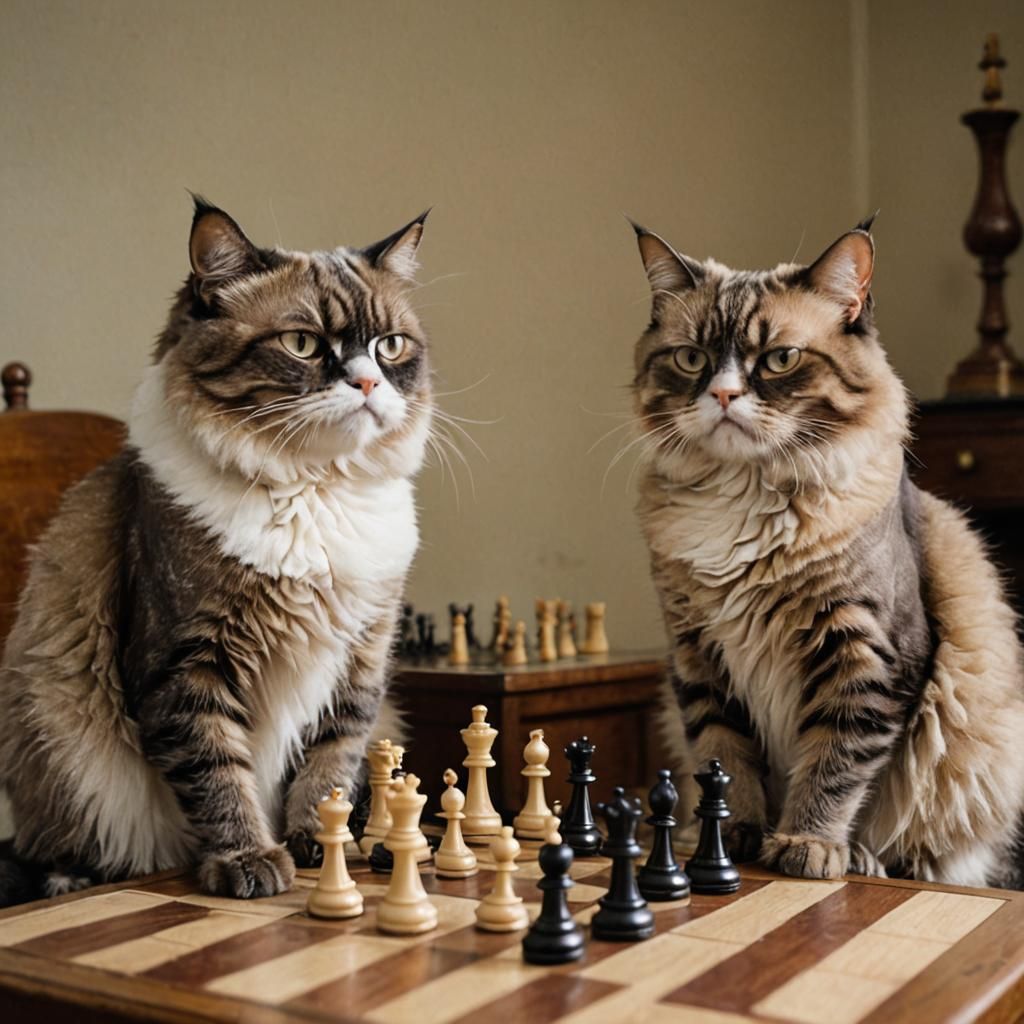 Two grumpy cats playing a game if chess