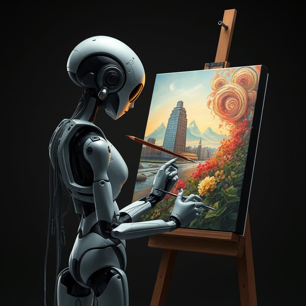 AI Behind The Art A beautifull android with a brush painting...