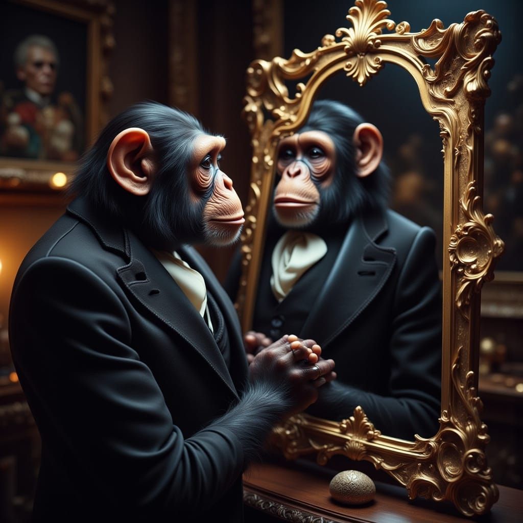 Chimpanzee's Reflection: Wildlife Meets Old Master Elegance