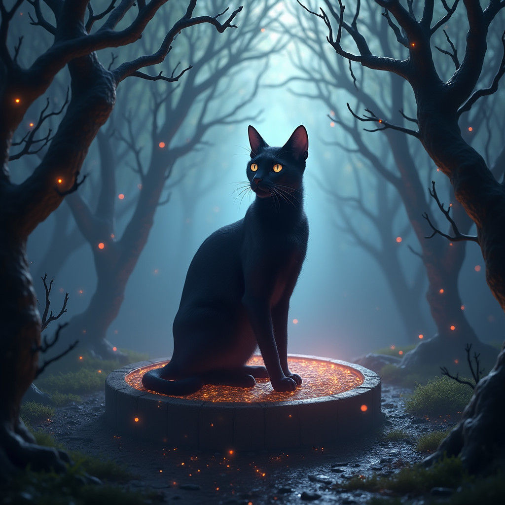 Mystical Black Cat on Glowing Throne