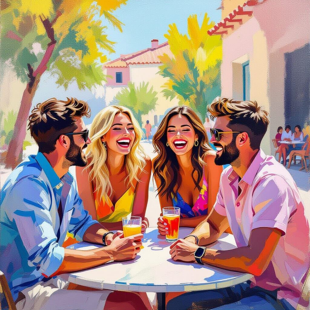 Friends Laughing in Hockney-Inspired Style