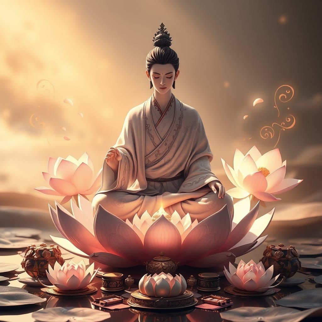 Meditating Figure in Serene Lotus Garden