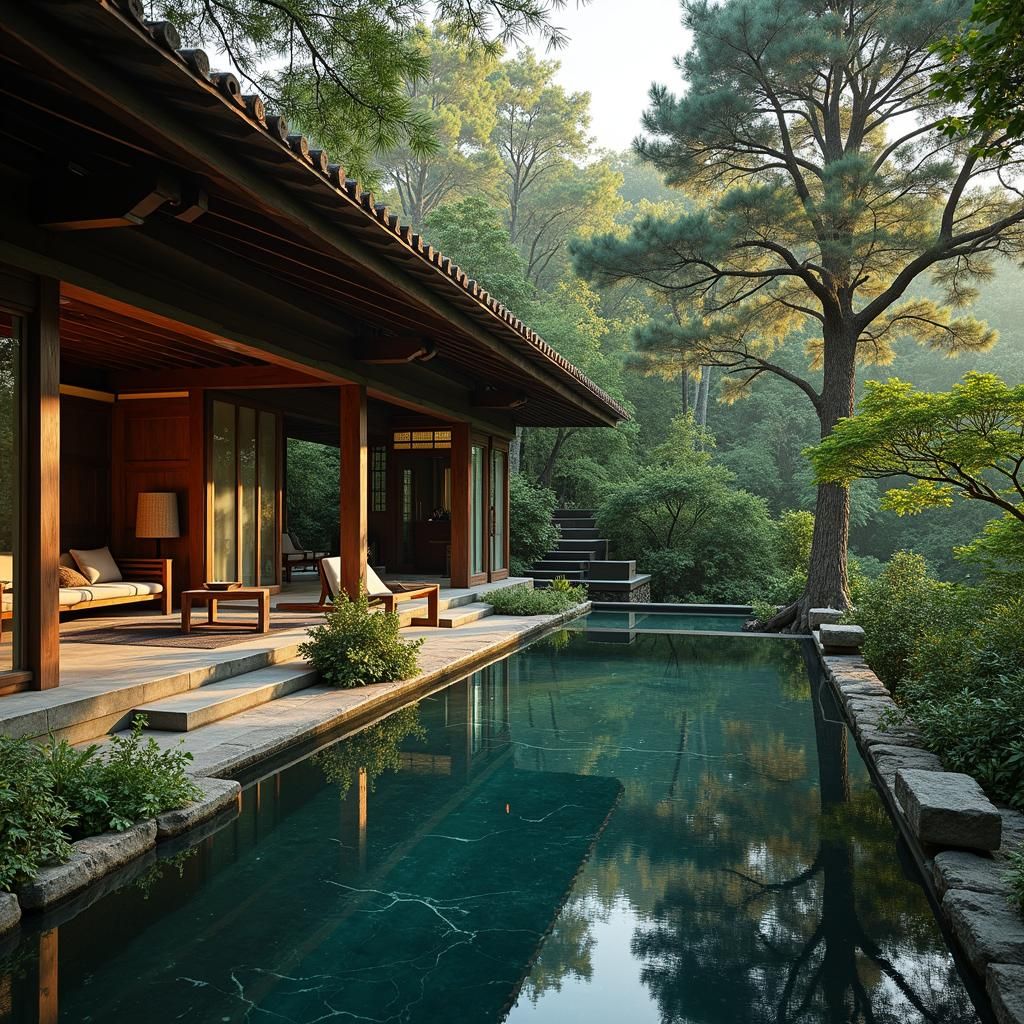 Japan style luxury villa in the middle  of forest, wooden details with black, outside infinity pool,  dark green marble floors, plants, soft...