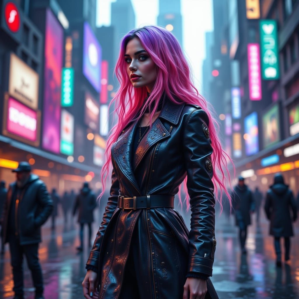 Cyberpunk Woman in Metropolis Strides Confidently