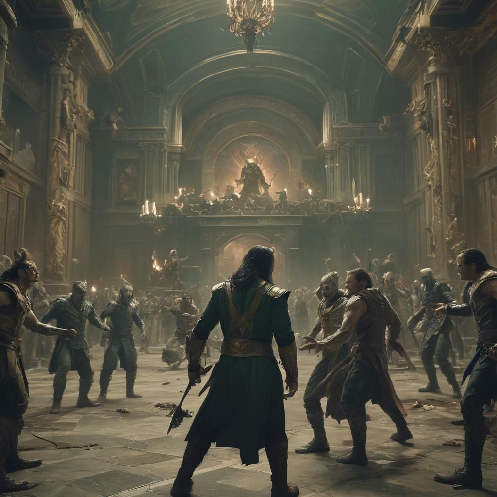 Thor and Loki fighting a legion of zombies in their palace in Asgard ...