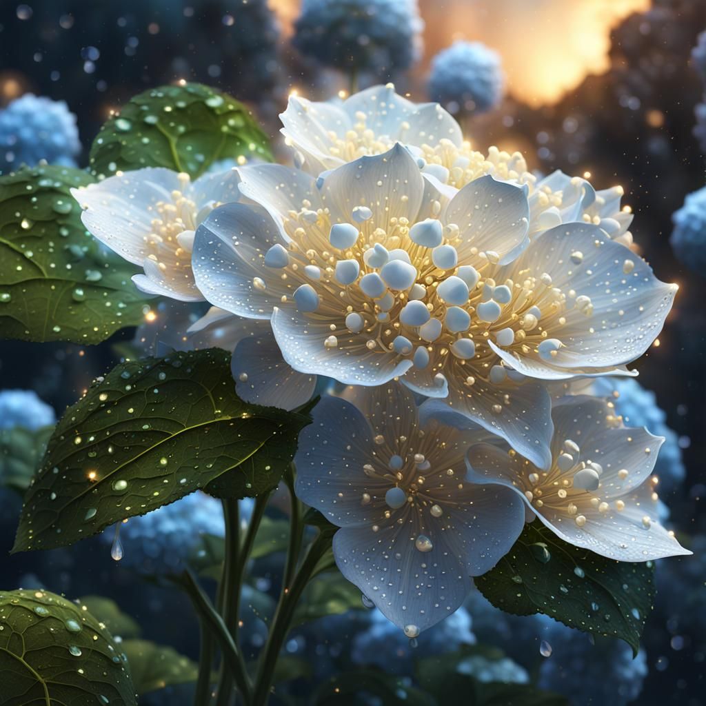 Enchanted Hydrangea Flower with White and Golden Details