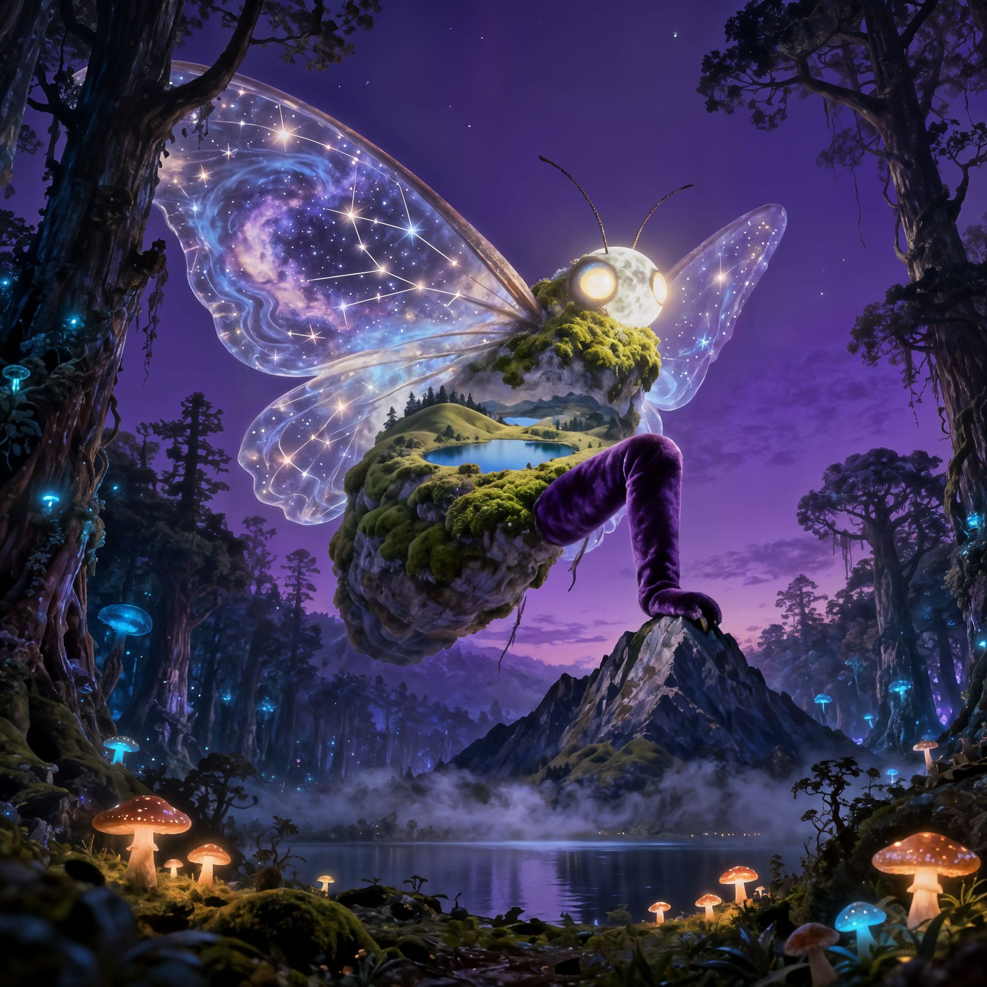 Extreme low-angle shot, photorealistic, cinematic. A COLOSSAL, divine lunar moth is landing in an ancient, bioluminescent forest. The moth's...