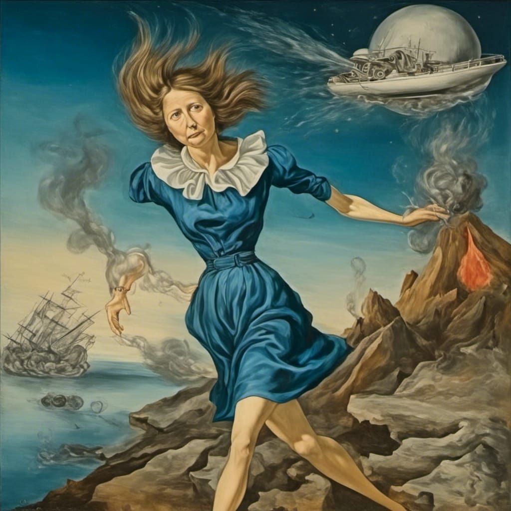 <lora:Martina-1:1.0> salvador dali style of laughing girl with medium blonde hair with surrealistic vulcano scenery and star ships. Blue col...