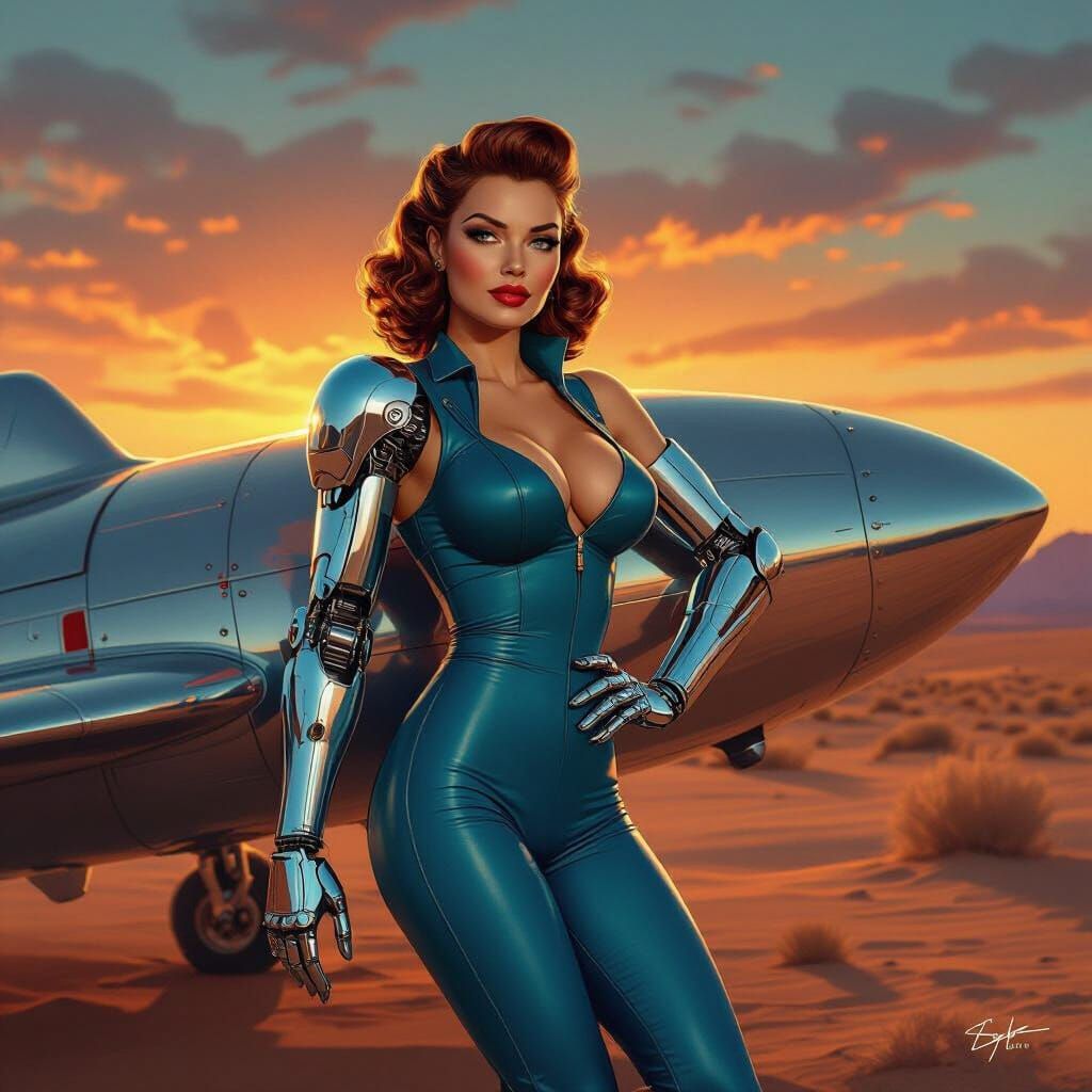 A retro-futuristic pin-up girl with a chrome prosthetic arm, leaning against a sleek, vintage rocket ship on a desolate desert landscape. Sh...