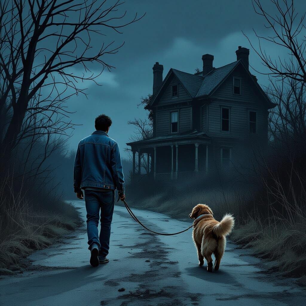 Midnight Walk with Dog in Dark Cinematic Style