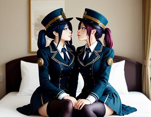 identical steampunk anime twins, wearing identical uniforms,...