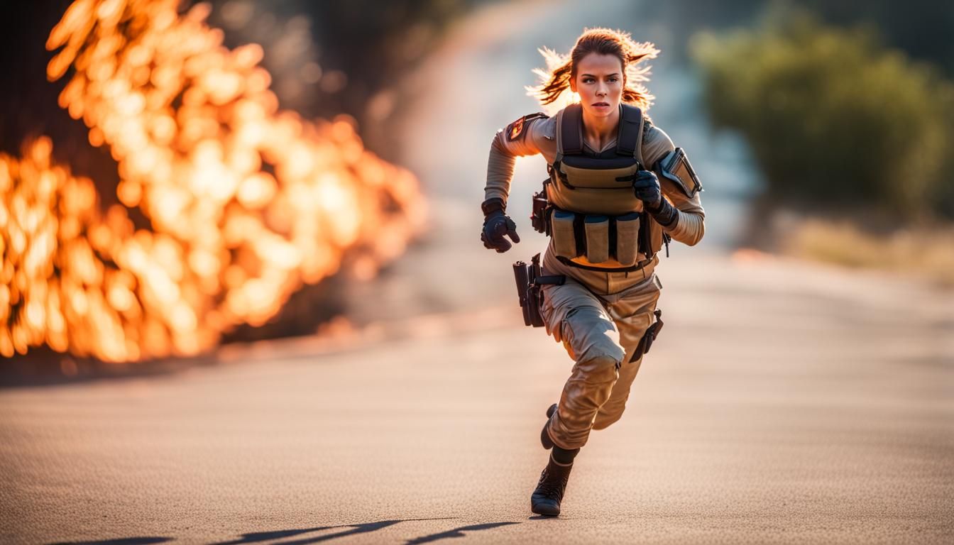 lady in combat gear running from fire