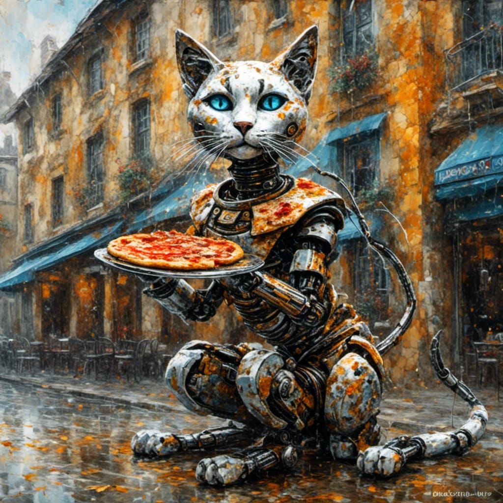 Cat Robot Eating Pizza as Graffiti Art